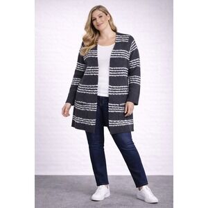 Pink Clover Open Front Cardigan Cozy Sweater Size Small White Gray Stripe